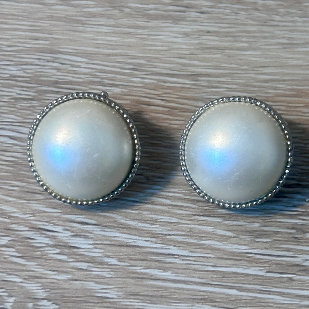 Vintage Coro Clip-On Earrings | Mid-Century Faux Pearl & Silver Beaded Dome